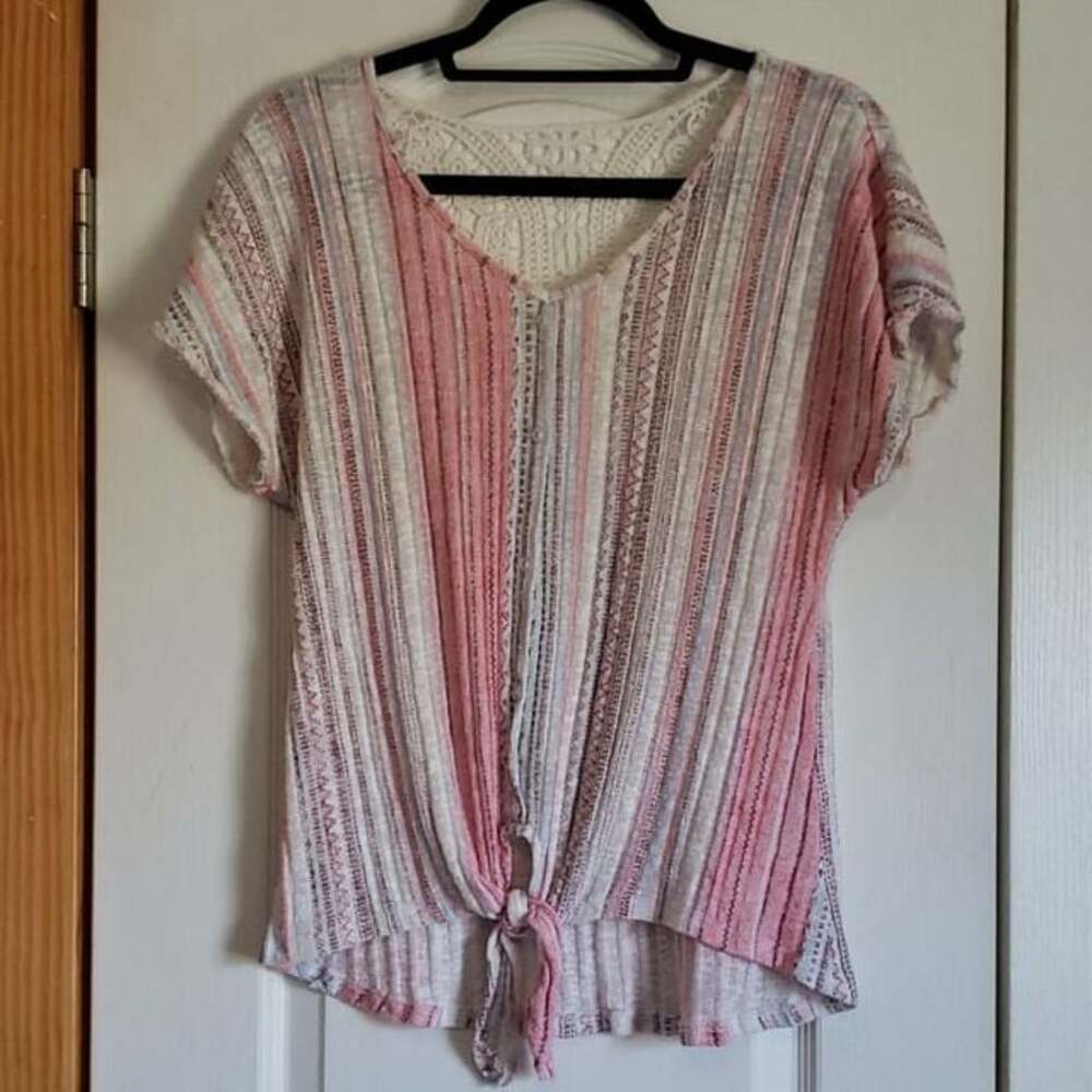 Absolutely Famous Women's Striped Tie Front Short Sleeve Top‎ Small BOHO